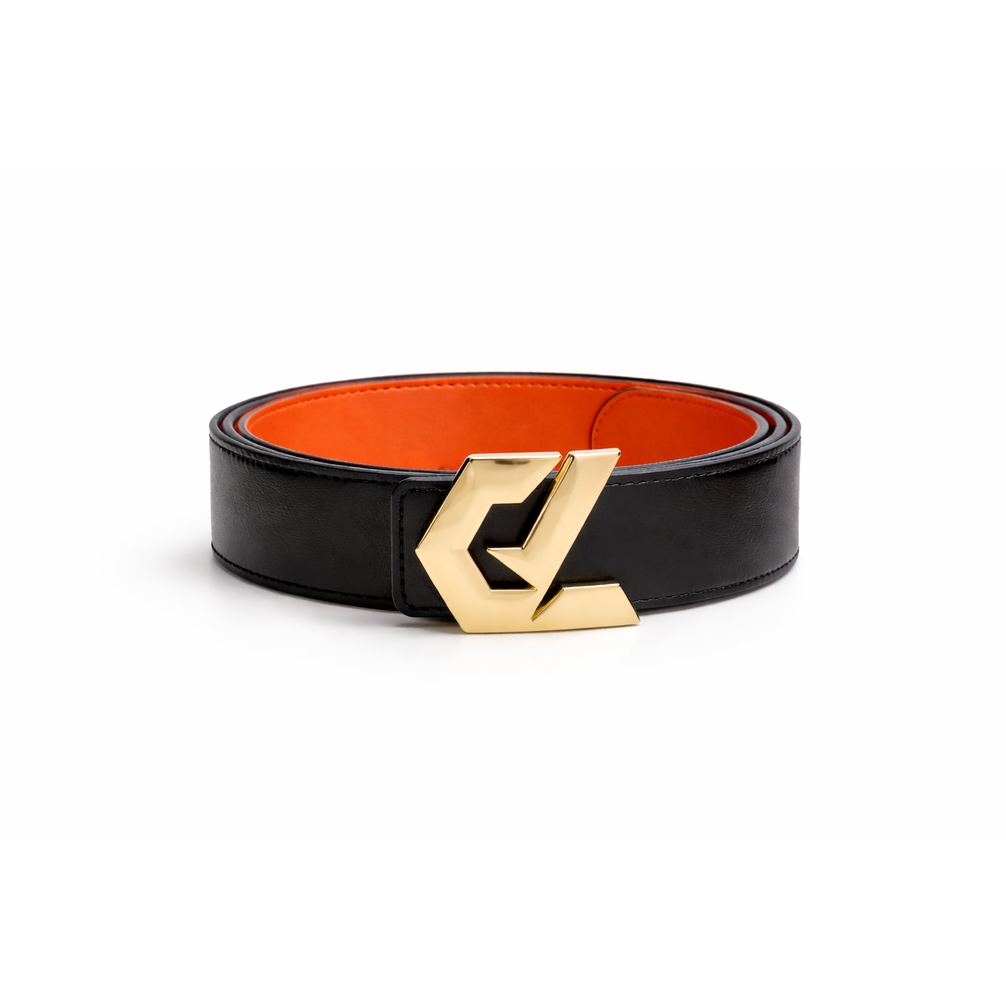 GLOIR Reversible Leather Belt – Black / Orange Gold Buckle