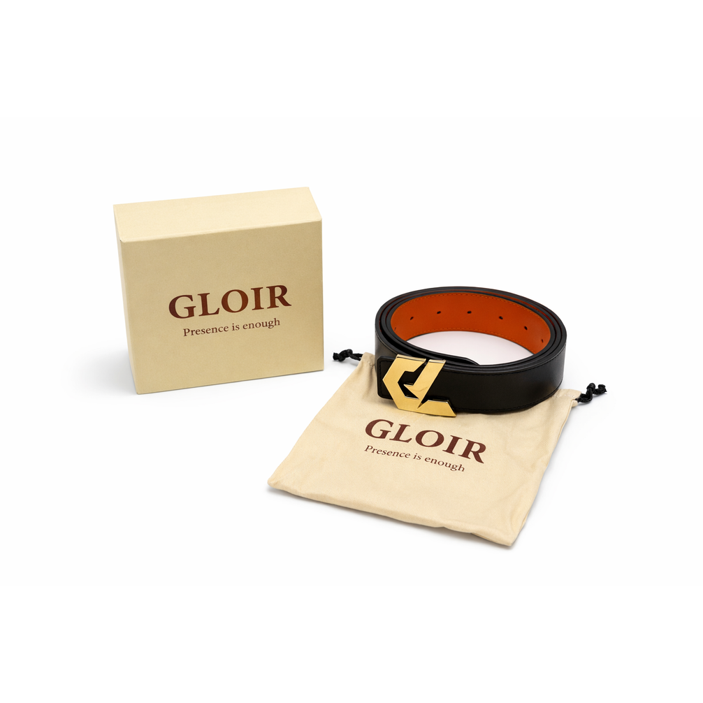 GLOIR Reversible Leather Belt – Black / Orange Gold Buckle