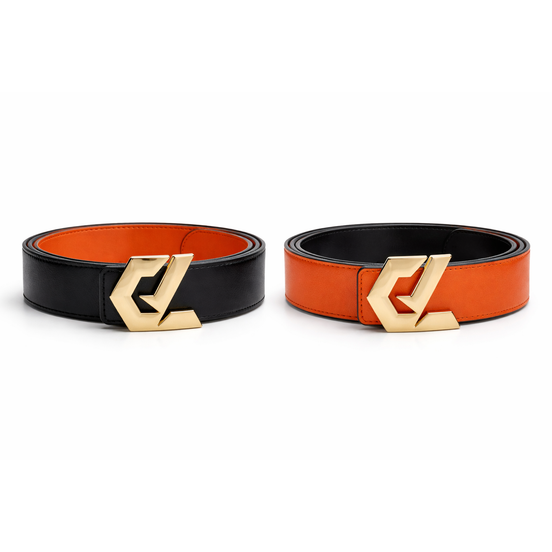 GLOIR Reversible Leather Belt – Black / Orange Gold Buckle